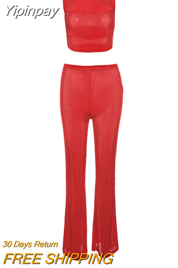 Yipinpay Sexy Hollow Out Vest Cropped Tops Straight Pants Suit Women Summer Two Piece Set Femme Party Streetwear Matching Outfits